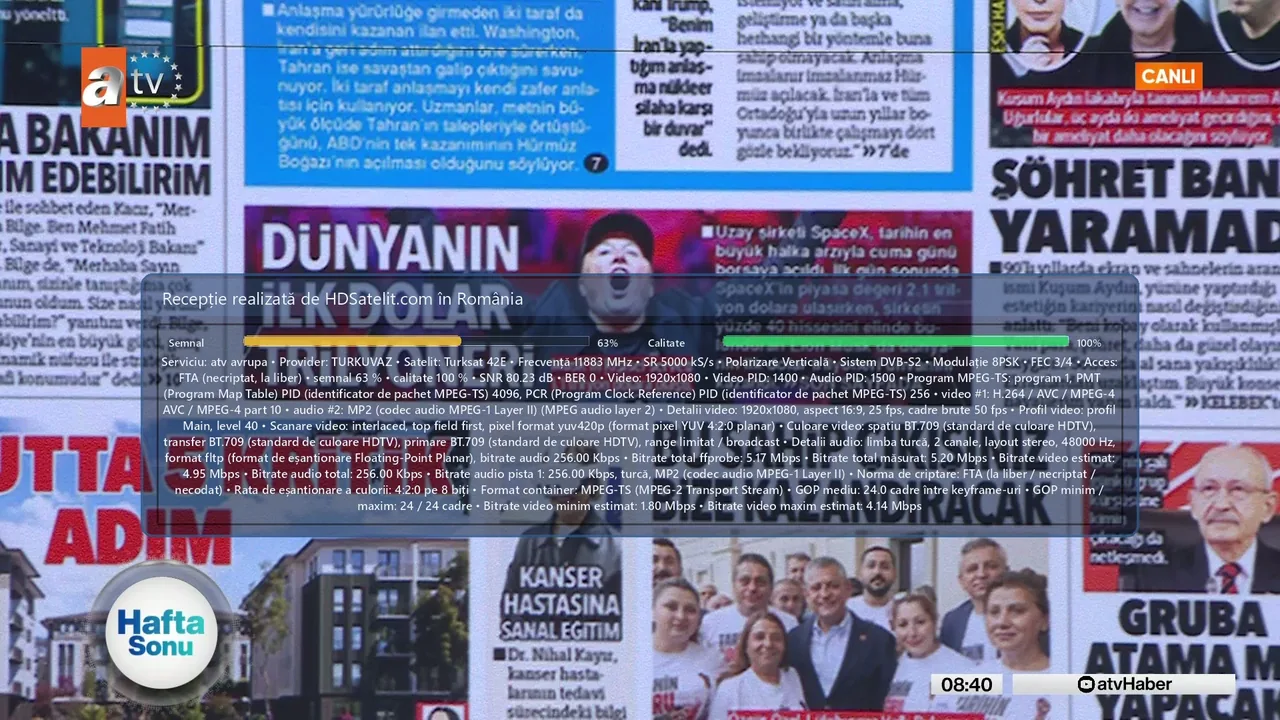 atv Avrupa, versiunea pentru diaspora turcă, recepționată la liber în România