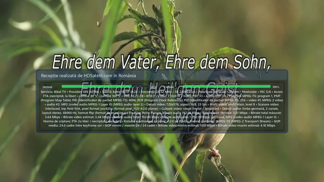 Bibel TV, canalul german de familie, recepționat la liber în România prin Astra 1N/1P