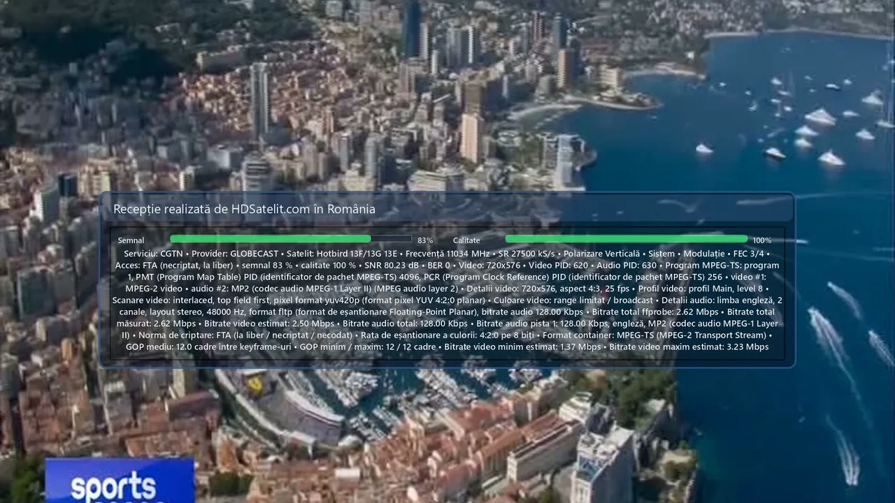 CGTN, canalul internațional de știri, recepționat la liber prin Hotbird în România