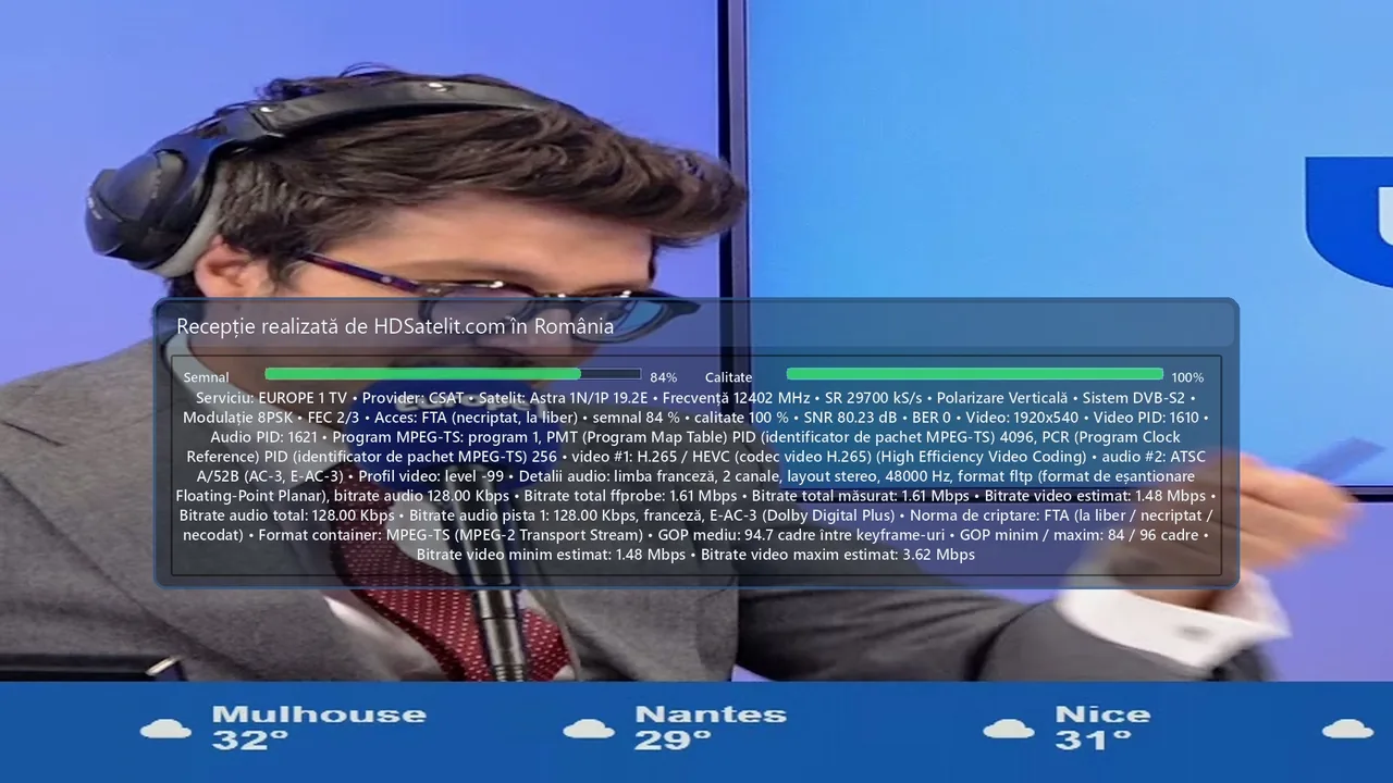 Europe 1 TV în recepție la liber prin Astra 1N/1P, verificată în România