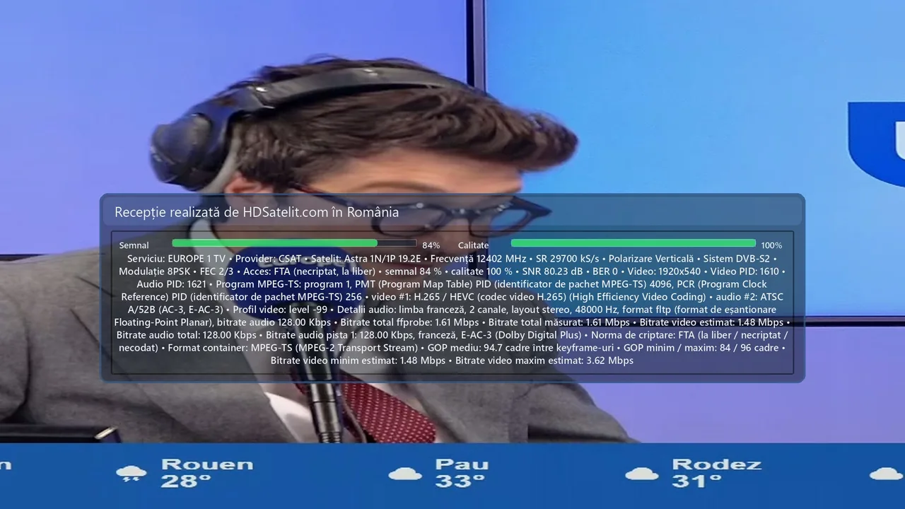 Europe 1 TV în recepție la liber prin Astra 1N/1P, verificată în România