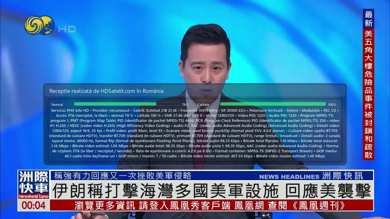 PHX Info HD la liber prin Eutelsat 21B, pentru publicul de limbă chineză