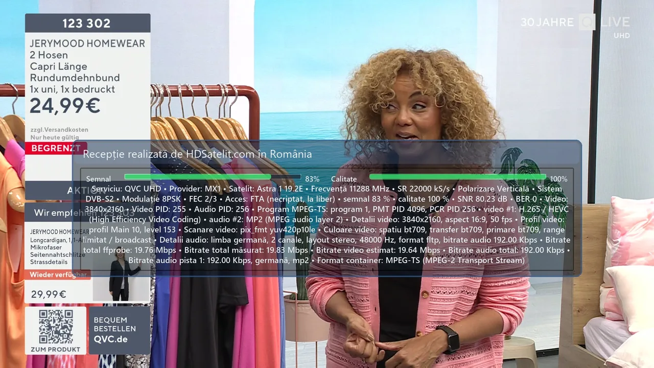 QVC UHD, recepție liberă pe Astra 1 la 19,2°E din România