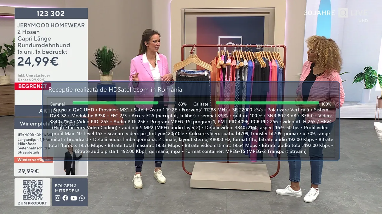 QVC UHD, recepție liberă pe Astra 1 la 19,2°E din România