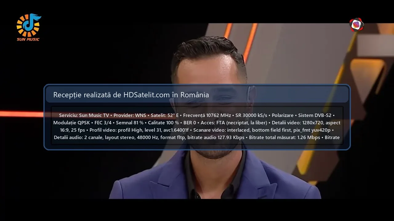 Sun Music TV se poate recepționa gratuit prin satelit în România, pe 52° E