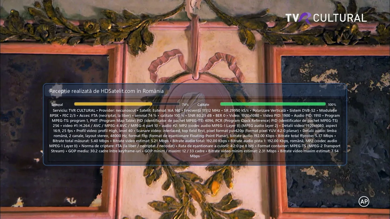 TVR Cultural, găsit la liber prin Eutelsat 16A, verificat în România
